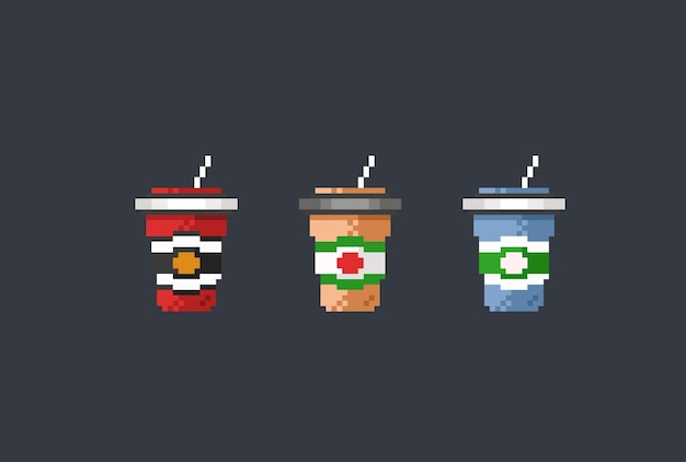 taza de bebida con pajita en estilo pixel art