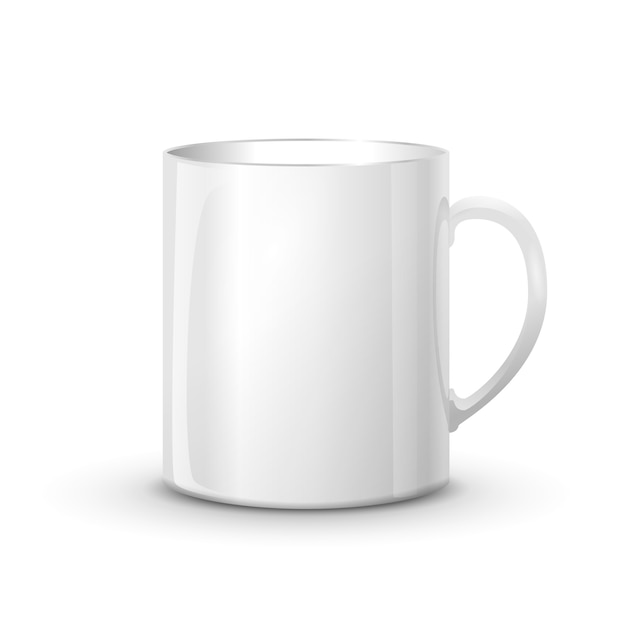 Vector taza blanca brillante realista con sombra aislada