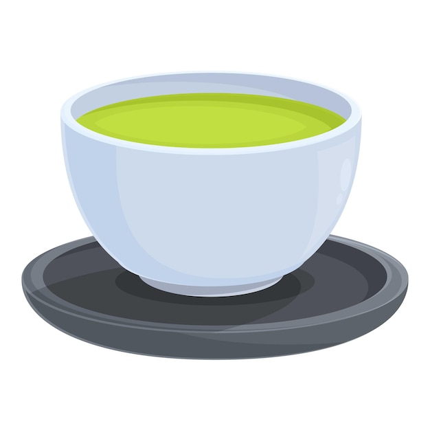 Una taza blanca llena de té verde de pie en un plato oscuro sobre un fondo blanco