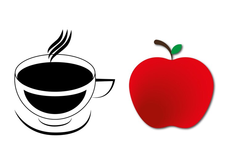 Vector taza en blanco y negro con ilustraciones de apple a todo color vector gratis