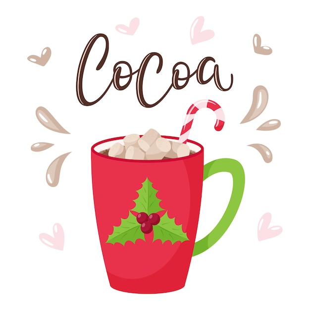 Taza con cacao, malvavisco y bastón de caramelo.Taza roja con acebo. Inscripción manuscrita-Cacao. Letras.