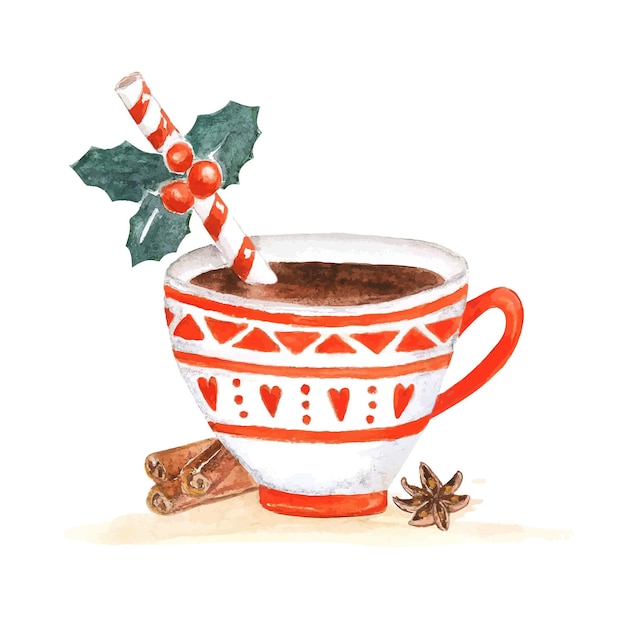 Taza de cacao navideña. Vector de acuarela