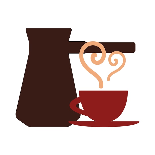 Una taza de café al vapor y una olla con mango largo Ibrik