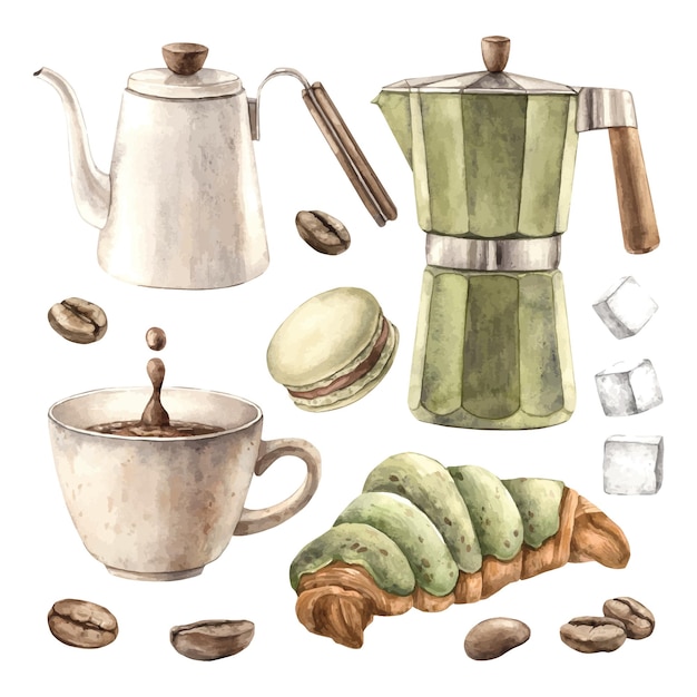 Una taza de café aromático una cafetería geyser una tetera un macarrón un croissant pedazos de azúcar y granos de café Conjunto de acuarela para decorar cafeterías bistros menús carteles embalaje