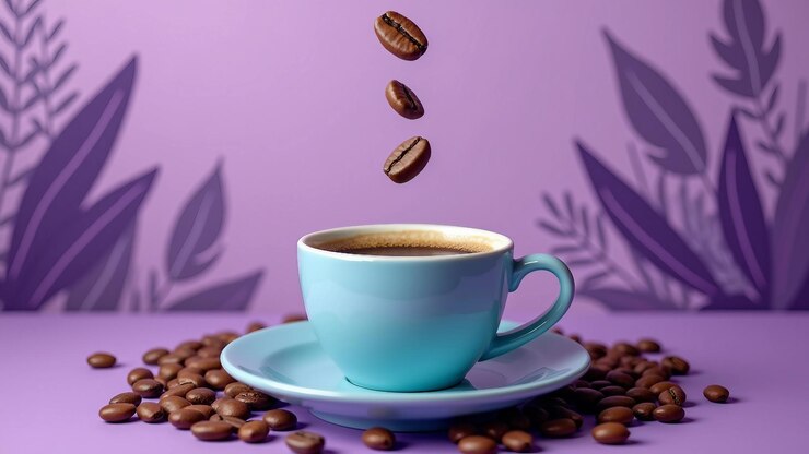 Vector taza de café artística con frijoles voladores en un fondo beige