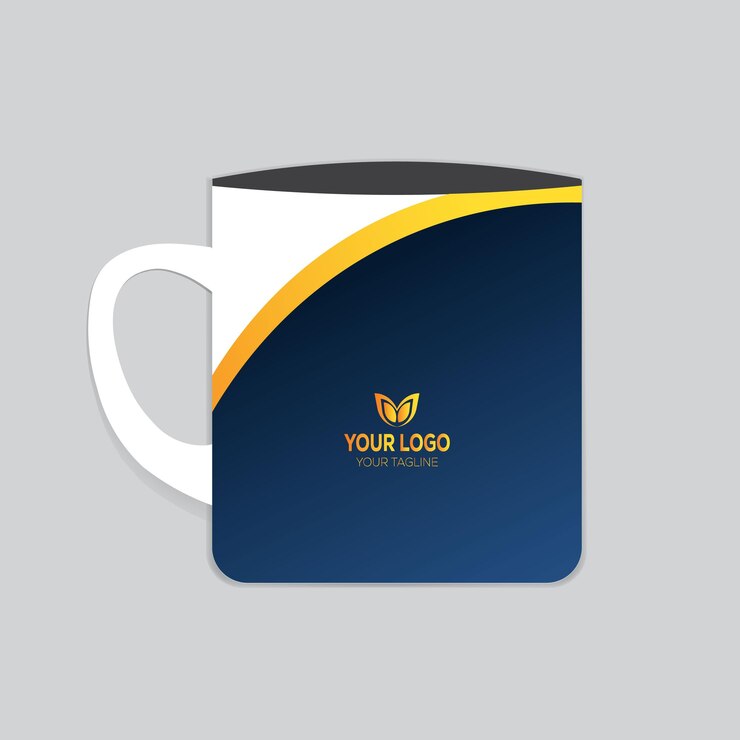 Taza de café azul y amarilla con logotipo