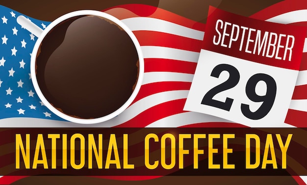 Taza de café en la bandera de Estados Unidos y calendario para el Día Nacional del Café