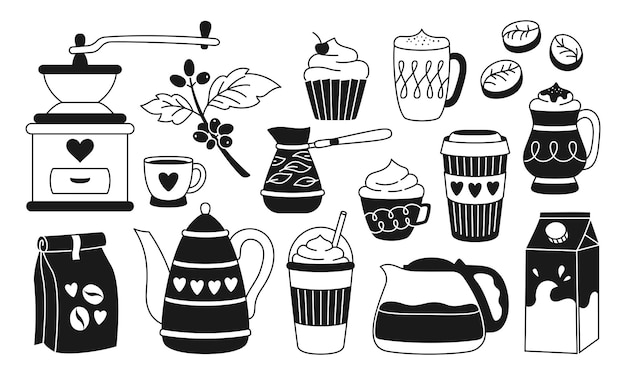 Taza de café beber frijoles y cezve pot sello set desayuno espresso taza muffin latte arabica símbolo