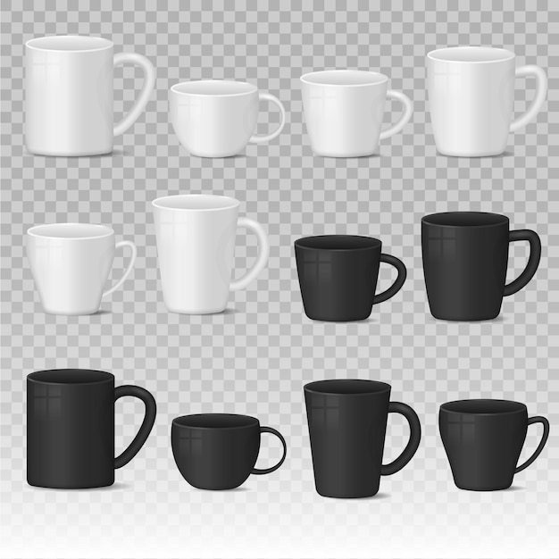 Taza de café blanco y negro en blanco realista tazas recipiente de bebida caliente taza utensilios de porcelana clásica