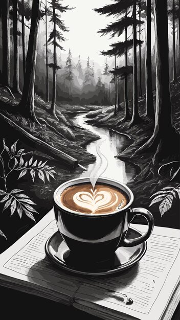 Vector una taza de café en el bosque dibujando vectores de ilustraciones de dibujos animados