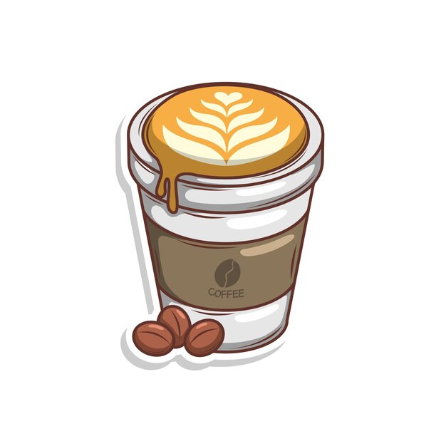 una taza de café con un café y una pegatina que dice café