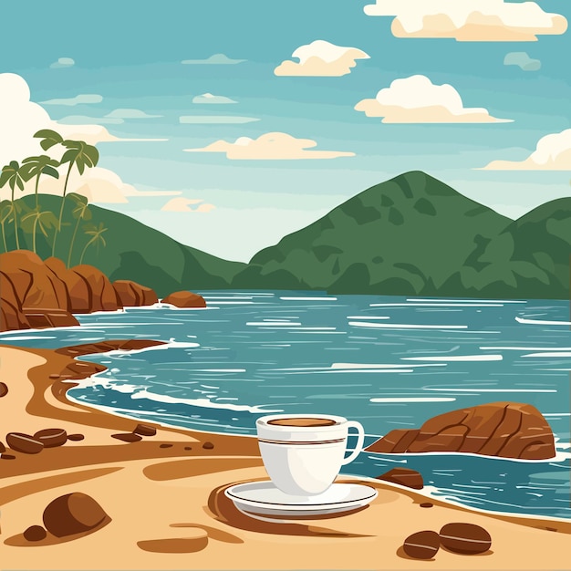taza de café caliente en una ilustración de paisaje