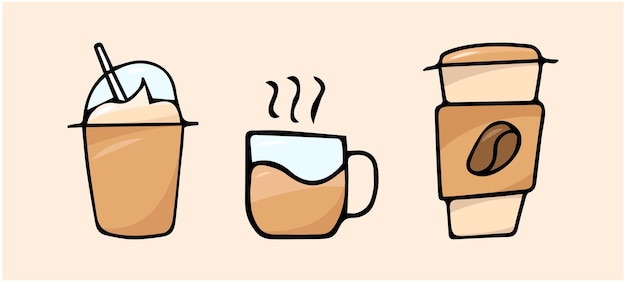 una taza de café caliente por la mañana su hora del café una tazade bebida caliente y granos de café vector el icono de la cafetería vasos de colores con café para llevar una bebida estimulante