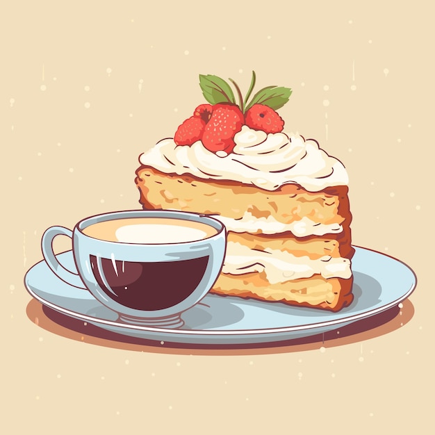 Una taza de café caliente con una sabrosa y deliciosa paz de un pastel de cumpleaños vector aislado en estilo de dibujos animados