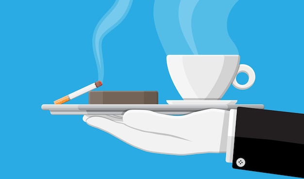 Vector taza de café y cenicero lleno de cigarrillos. estilo de vida poco saludable. desayuno y mañana. ilustración de vector de estilo plano