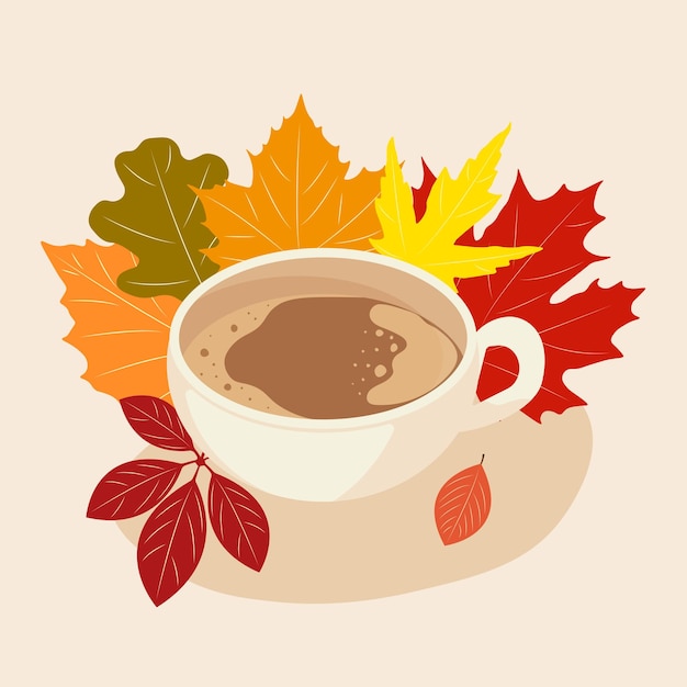 Vector una taza de café con coloridas hojas de otoño.