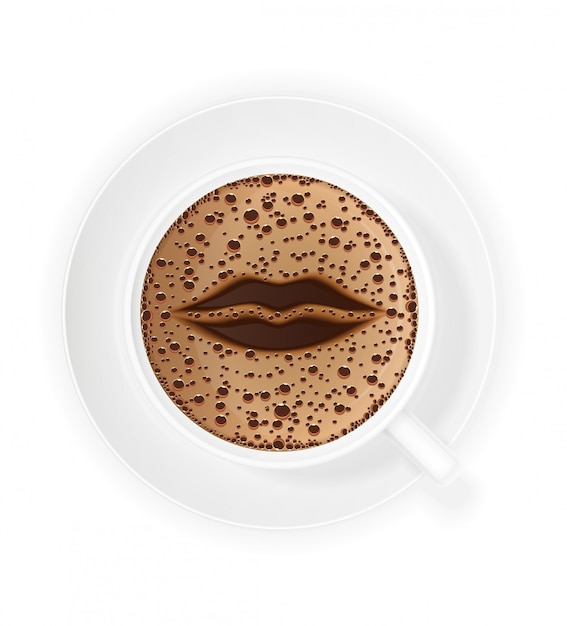 Taza de café crema y símbolo de labios.