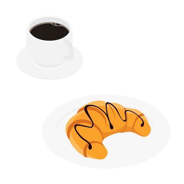 Vector taza de café y croissant aislados en fondo blanco vector de vista isométrica