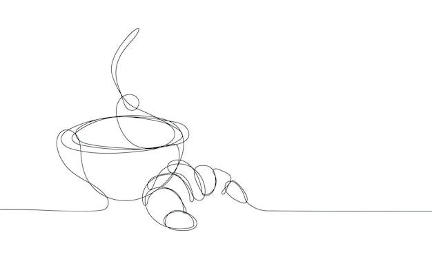 Taza de café y croissant continuo dibujo de una línea ilustración vectorial aislado en blanco