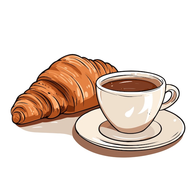 Vector taza de café y croissant ilustración vectorial de una taza de café y croissant