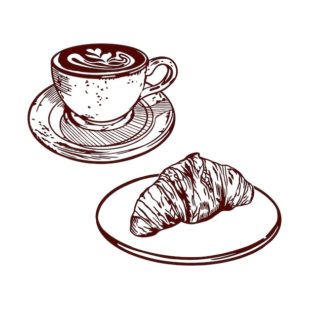 Taza de café y croissant en un plato Ilustración vectorial del desayuno en estilo gráfico Elemento de diseño para menús de restaurantes cafés etiquetas de alimentos cubiertas de tarjetas