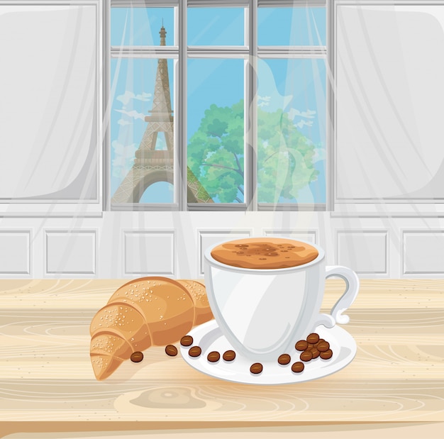 Vector taza de café y croissant con la torre eiffel