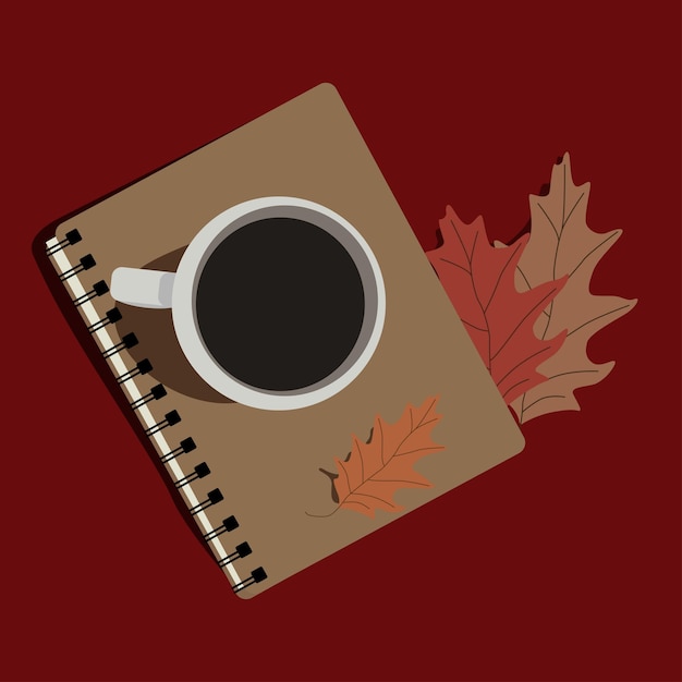 Taza de café y cuaderno aislado ilustración vectorial. Concepto de caída. Hora de la mañana. Plantilla de diseño.