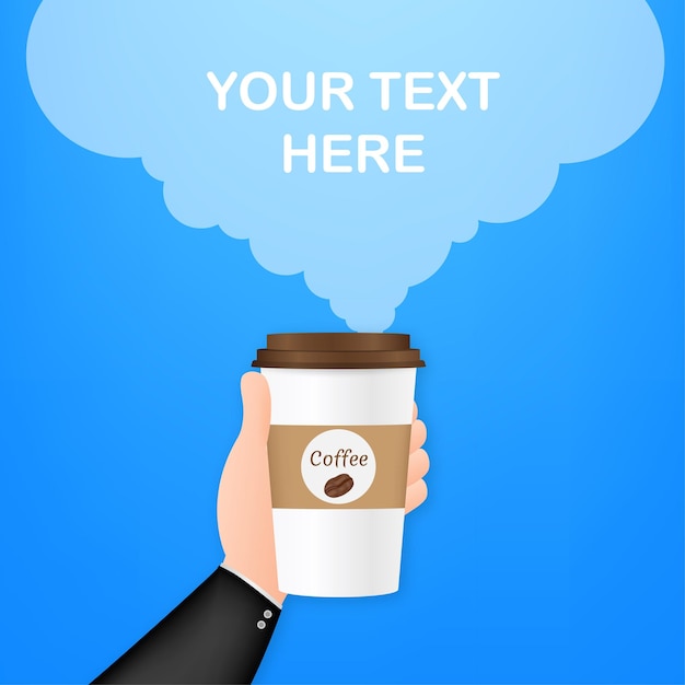 Taza de café desechable en la mano. Ilustración de stock vectorial.