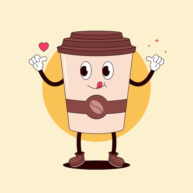 La taza de café de dibujos animados de moda estilo retro hippie