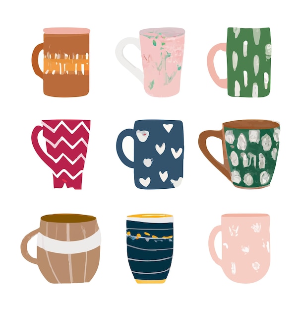 Taza de café Diseño dibujado a mano Conjunto de estilo doodle Vector