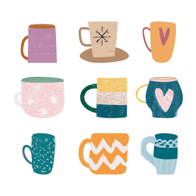 Taza de café Diseño dibujado a mano Conjunto de estilo doodle Vector
