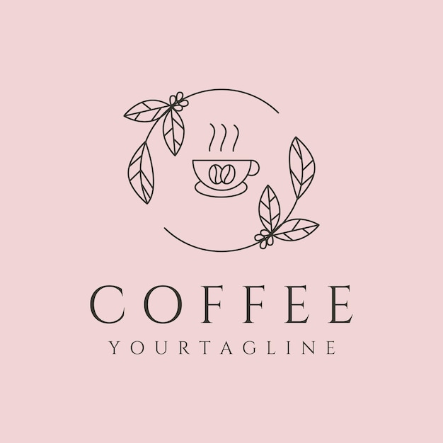 Taza de café y diseño de ilustración de símbolo de vector de logotipo de arte de línea de hoja