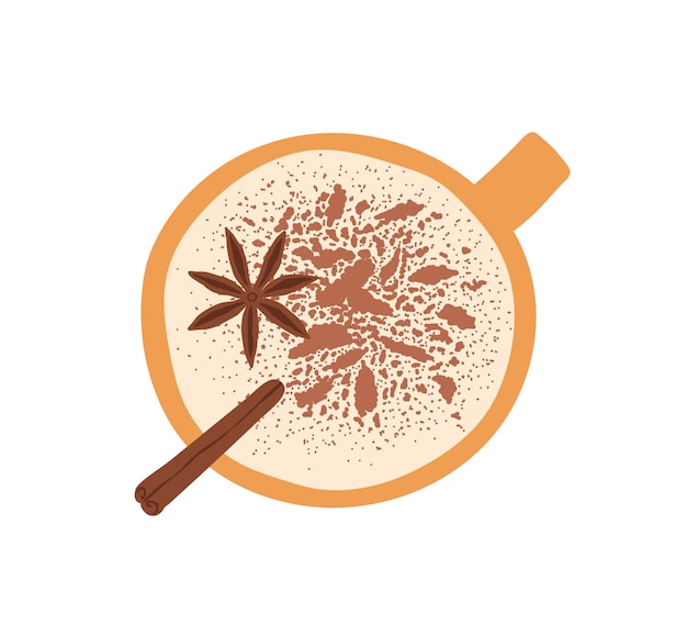 Vector taza de café con espuma de leche, especias de invierno, anís estrellado, canela y polvo. vista superior de la taza de capuchino picante. ilustración de vector plano coloreado aislado sobre fondo blanco.