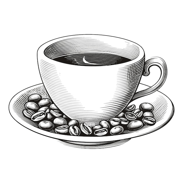 Taza de café de estilo vintage grabado dibujo ilustración vectorial