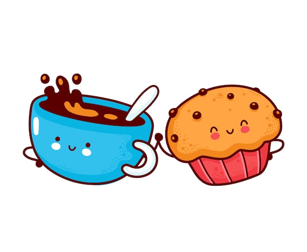 Taza de café feliz linda y pastel de muffins. icono de personaje kawaii de dibujos animados de línea plana. ilustración de estilo dibujado a mano. aislado sobre fondo blanco