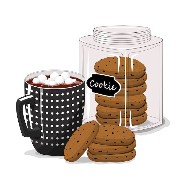 Vector taza con café y galletas sobre un fondo blanco aislado. desayuno. buenos días.