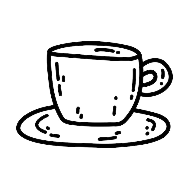 Taza de café de garabato dibujada a mano con icono de platillo Ilustración de vector plano de contorno de taza con elemento de diseño de dibujos animados de café o té