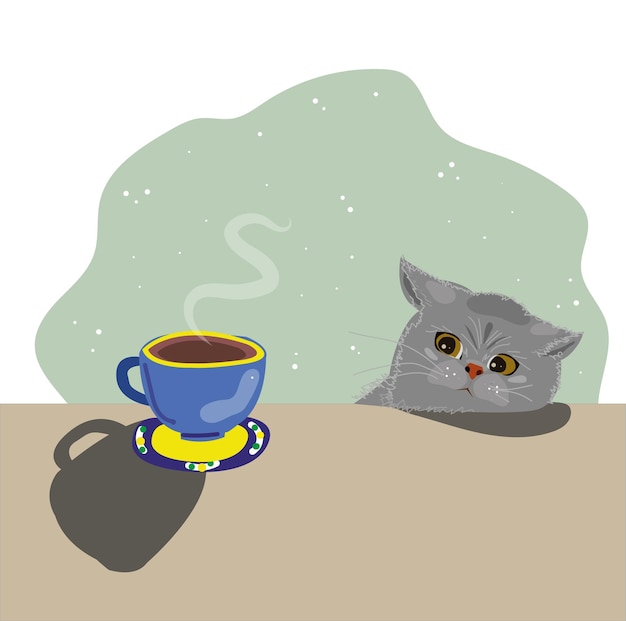 una taza de café y un gato sentado en una mesa