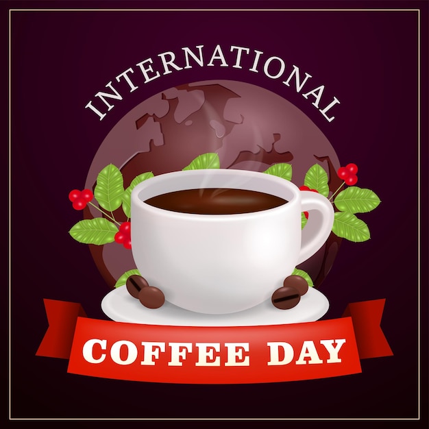 Taza de café con grano de café y decoración de planta de café con fondo de tierra en vector 3D Apto para pancartas, carteles y tarjetas de felicitación