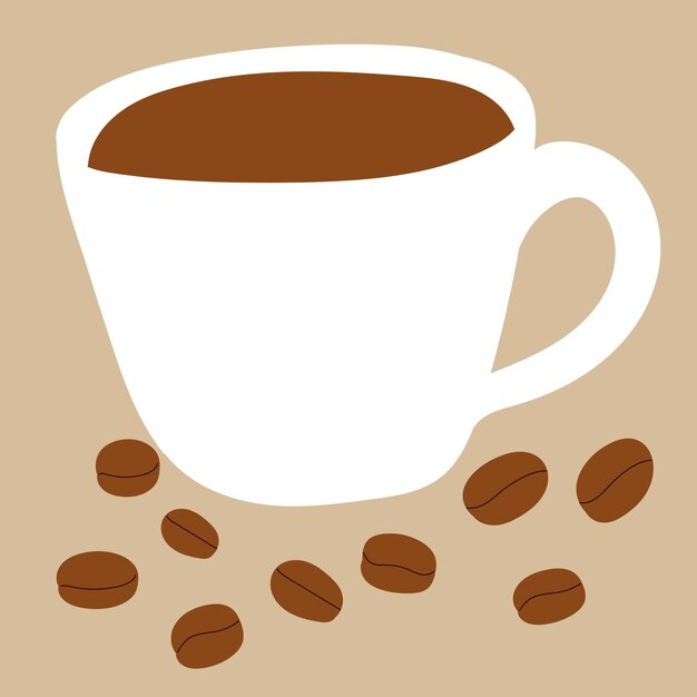 Taza de café con granos de café dibujo de estilo boceto ilustración gráfica vectorial