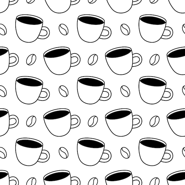 Taza de café y granos de café patrón sin costuras estilo doodle negro fondo de bebida vectorial