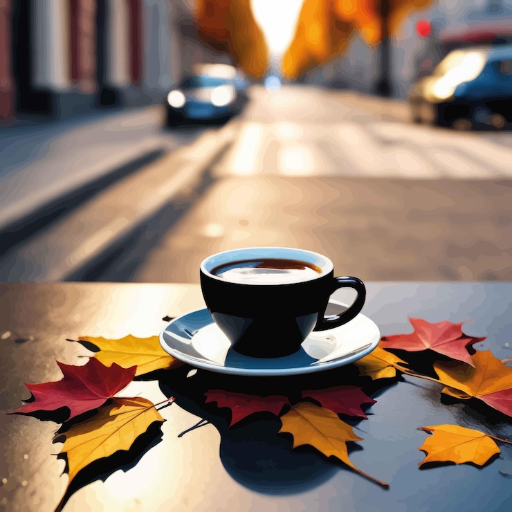 Vector taza de café y hoja de otoño en la mesa taza de cafe y hoja de otoño en la tabla una taza de coffee en un woo
