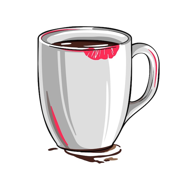 Taza de café con una huella de lápiz labial, dibujo vectorial