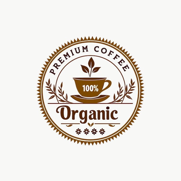 Una taza de café humeante está centrada dentro de un diseño circular rodeado de granos de café y verde