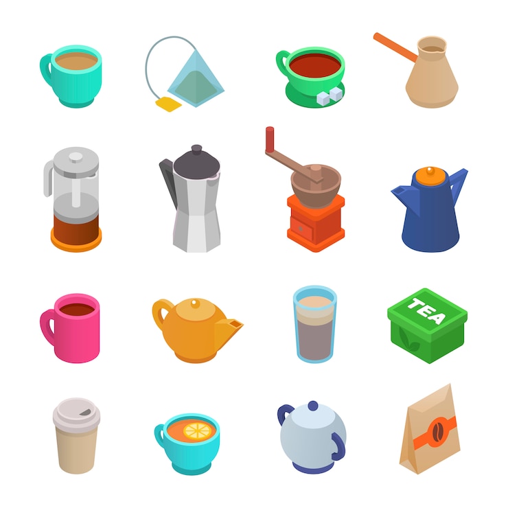 Vector taza de café icono de taza de café isométrica taza de café y taza de bebidas espresso en coffeeshop ilustración conjunto de molinillo de café y prensa francesa para coffeebreake aislado sobre fondo blanco.