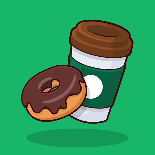 Vector una taza de café y una ilustración de dibujos animados de rosquillas de chocolate