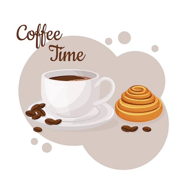 Taza de café y kanelbulle. Concepto de tiempo de café. Ilustración vectorial dibujada a mano aislada