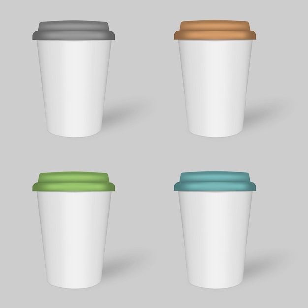 Taza de café con leche con juego de maquetas de tapa de color. Maqueta de tazas de viaje. Plantilla de vector