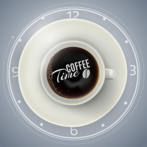 Taza de café con leche en la vista superior de la placa vector realista Concepto de tiempo de café