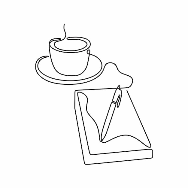 Taza de café con libro y lápiz dibujo continuo arte de una sola línea